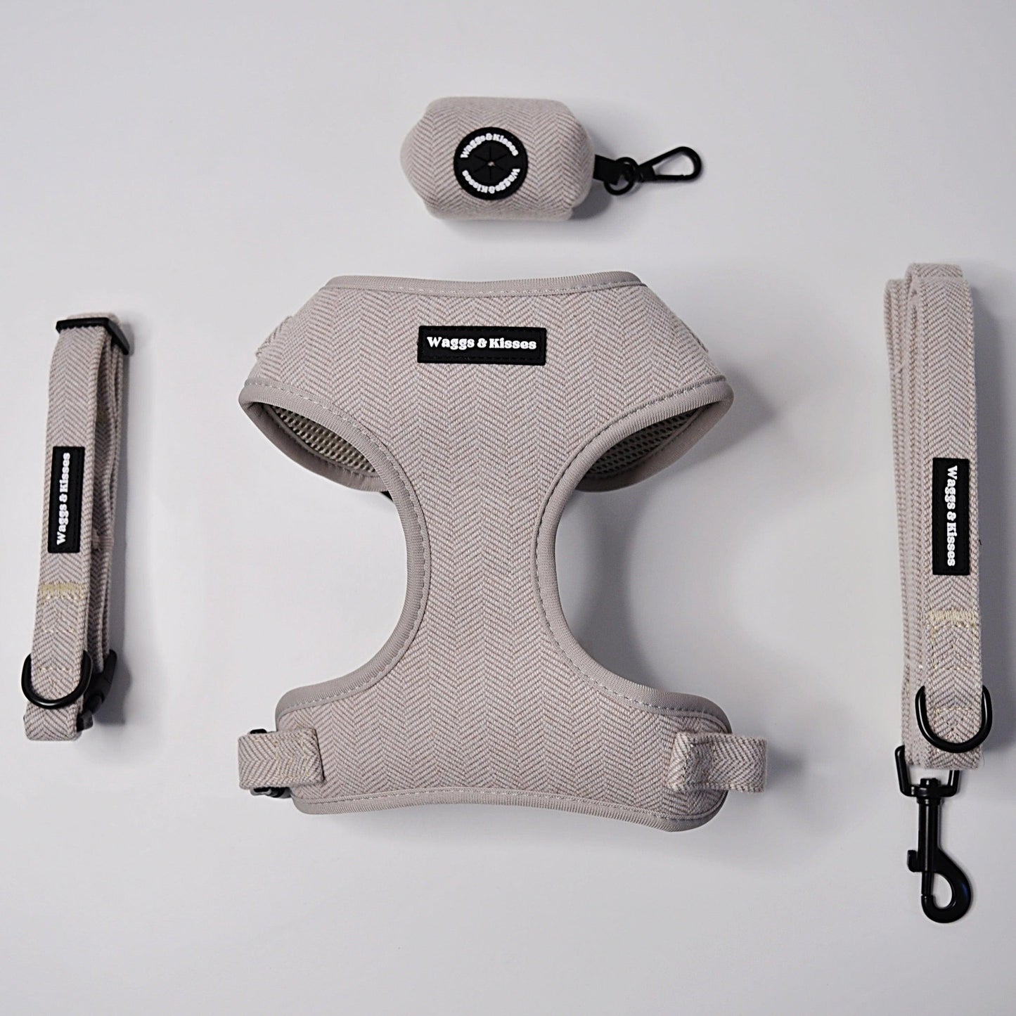 Soft Truffle Tweed Collar Bundled With Harness, Lead and Dog Poop Bag Holder - Waggs and Kisses