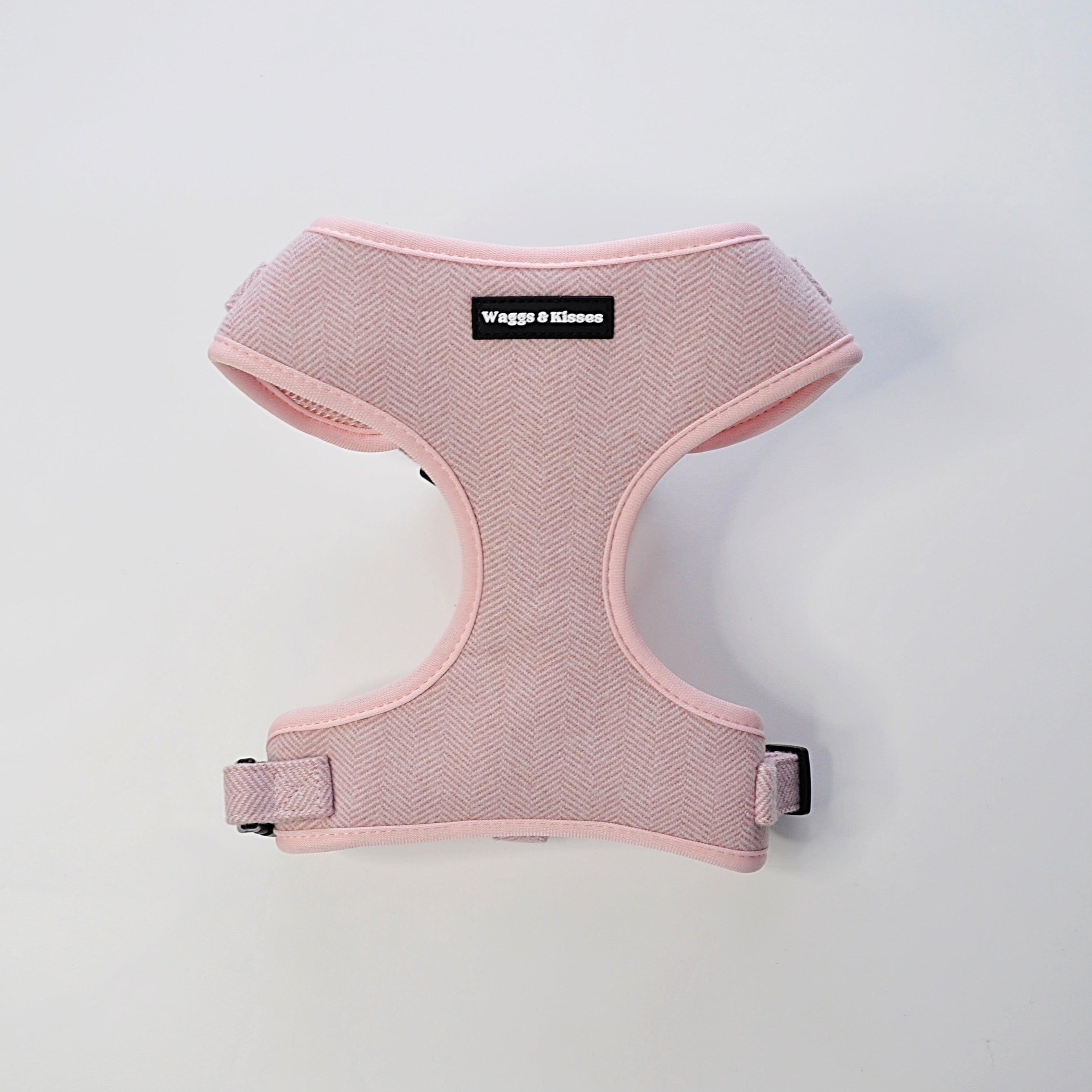 Cherry Blossom Tweed Dog Harness – blush pink with herringbone detail