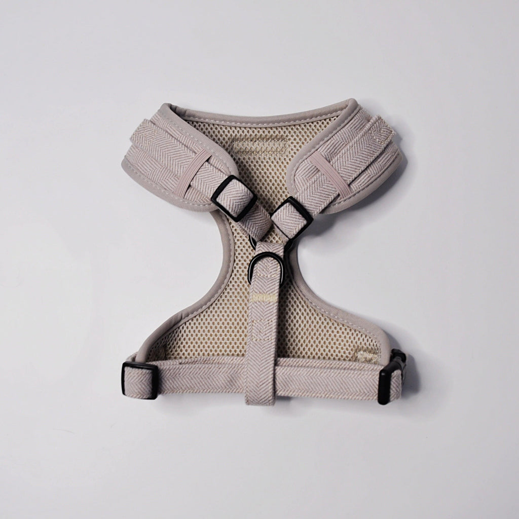 Close-up showing adjustable straps and quick-release buckle on Soft Truffle Tweed Dog Harness