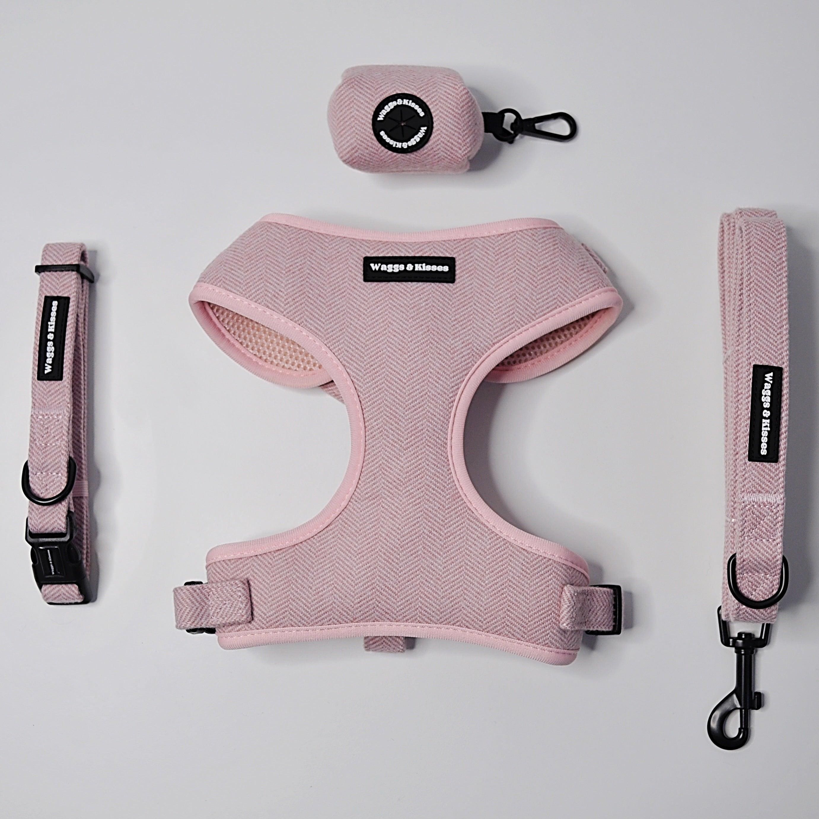 Waggs and Kisses Cherry Blossom Tweed Dog Harness bundle with lead, collar and poop hollder bag – blush pink with herringbone detaill