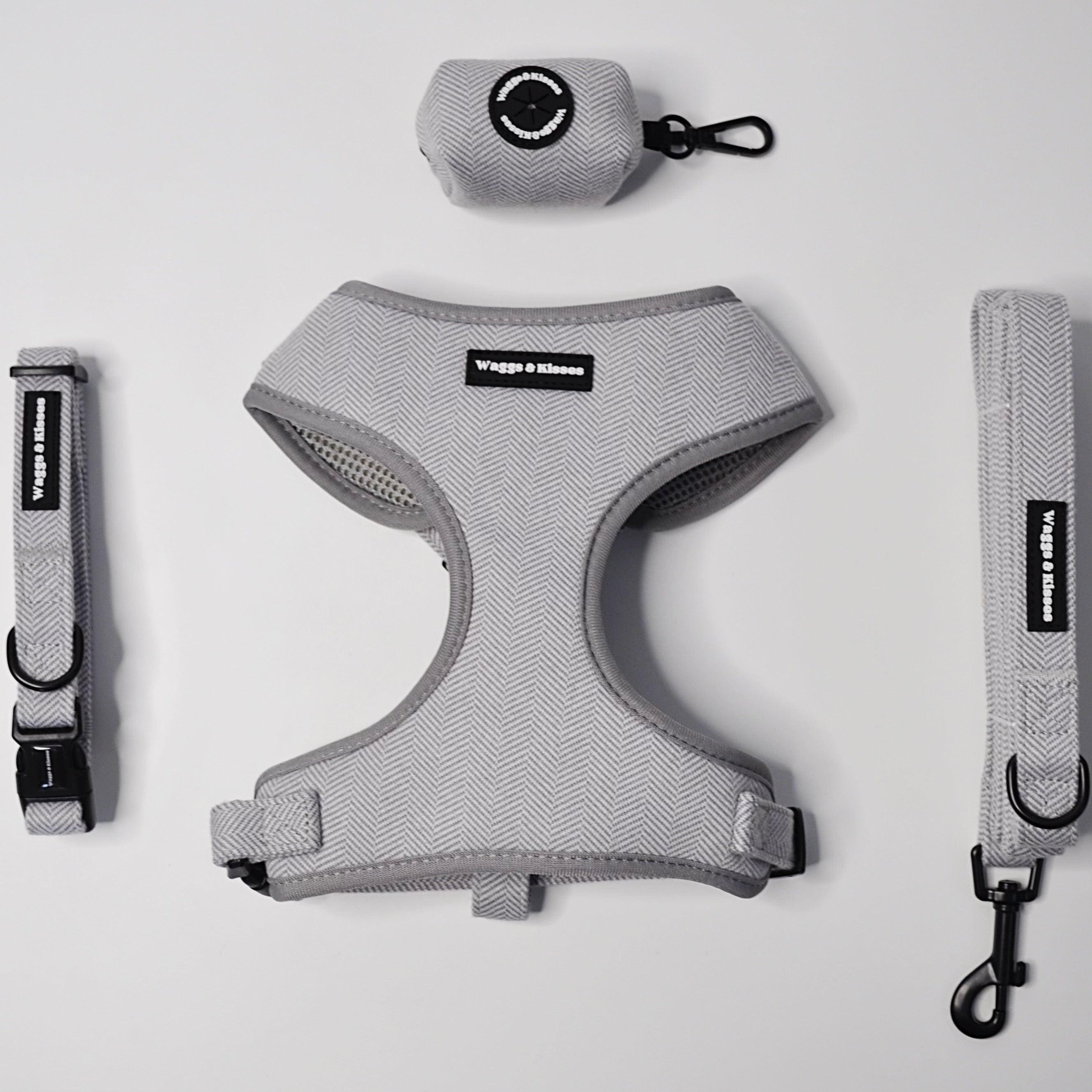 Waggs and Kisses Slate Grey Tweed Dog Lead Bundled With Matching Slate Grey Dog Harness, Lead, and Dog Poop Bag Holder