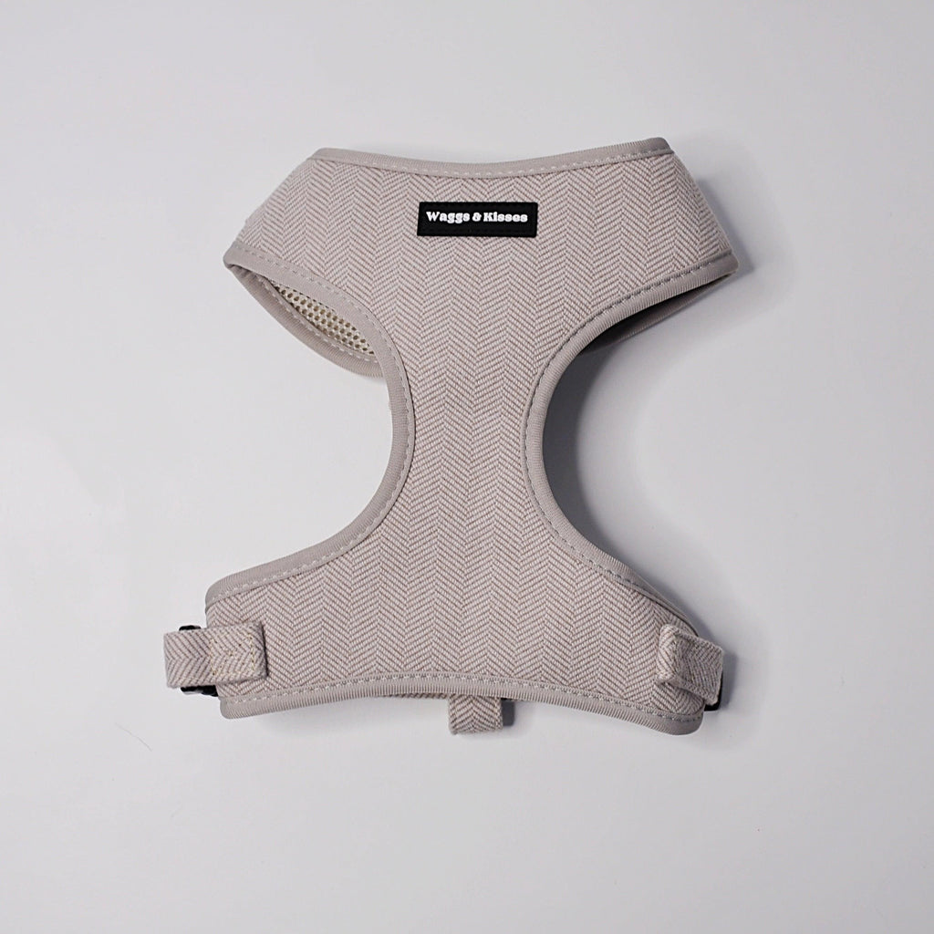 Waggs and Kisses Soft Truffle Tweed Dog Harness in light beige with herringbone pattern